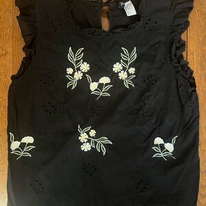 Divided Black Tank Top with White and Light Green Floral Embroidery